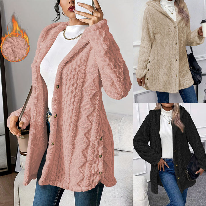 Emberly hooded jacquard knit coat with gold buttons