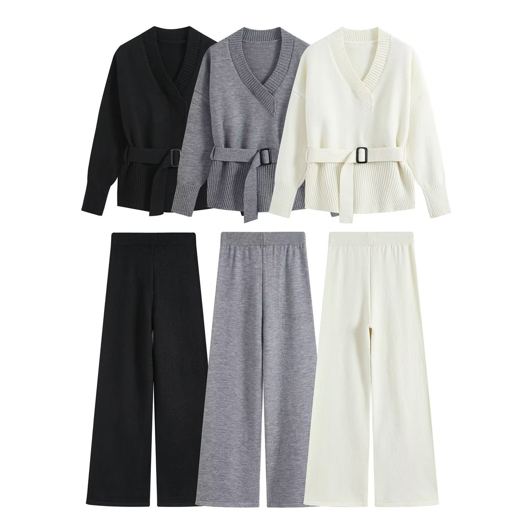 Aubree belted v neck knit wide leg pants set – image 5
