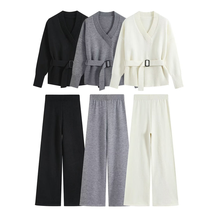 Aubree belted v neck knit wide leg pants set – image 5
