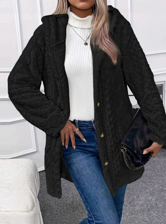 Emberly hooded jacquard knit coat with gold buttons – image 7