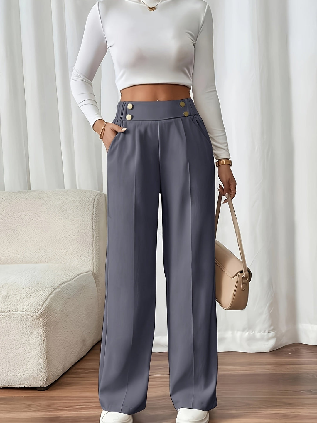 Delia button waist wide leg pants – image 5