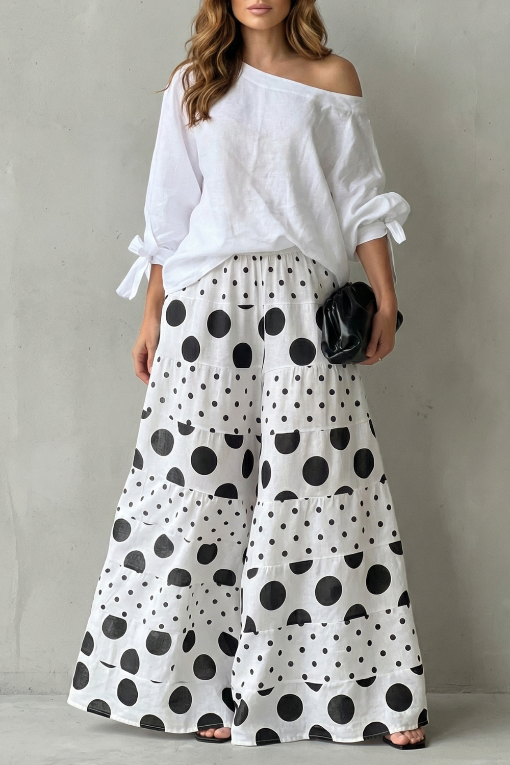 Lottie polka dot off shoulder top and wide leg pants set