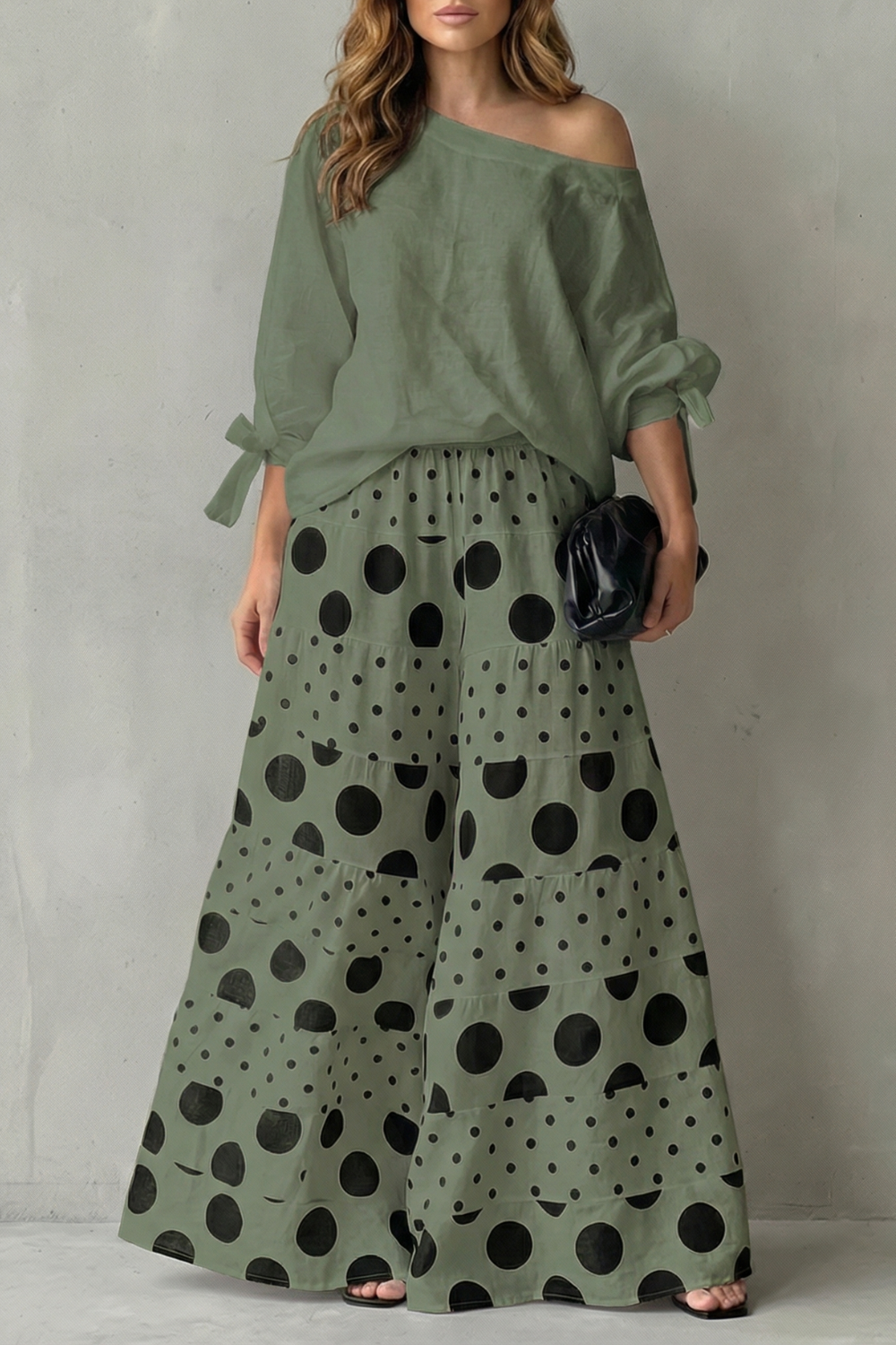 Lottie polka dot off shoulder top and wide leg pants set – image 9