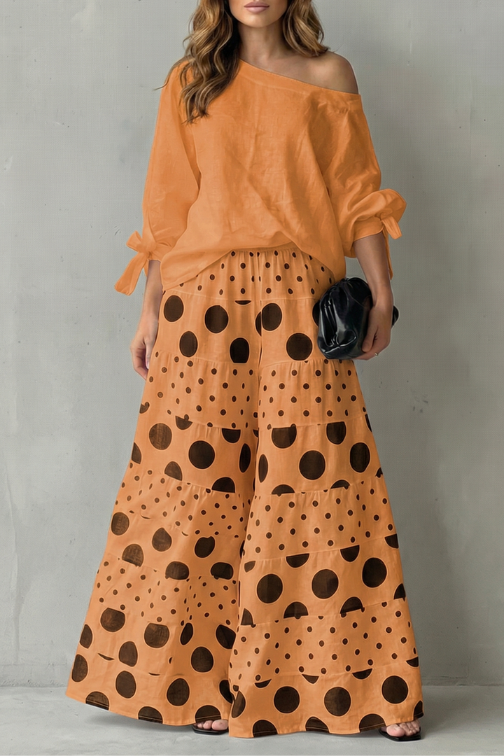 Lottie polka dot off shoulder top and wide leg pants set – image 11