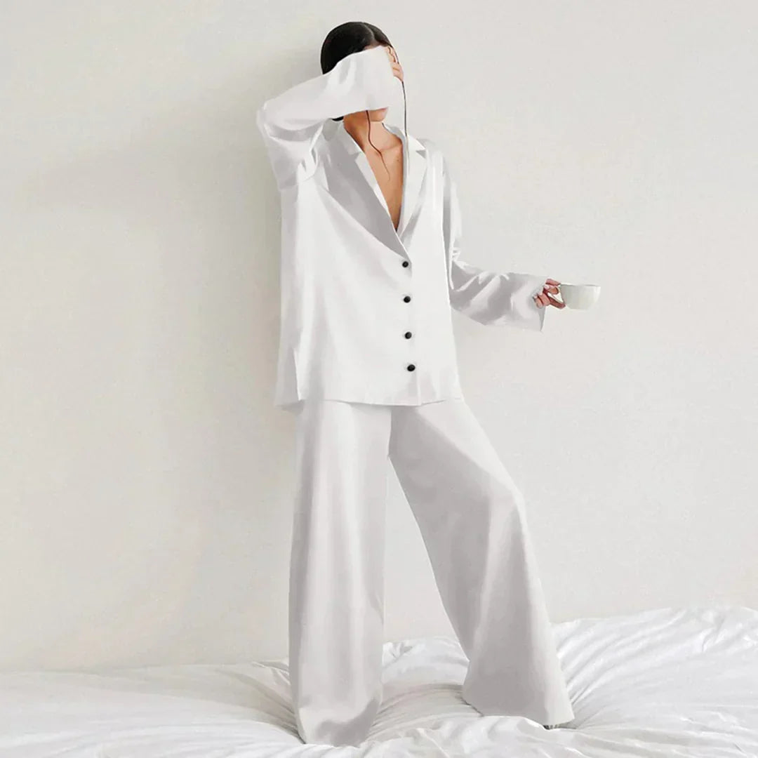 Paloma satin pajama set with wide leg pants – image 10