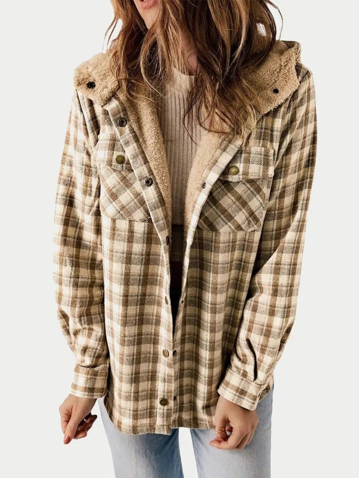 Shelby flannel shacket with sherpa hood