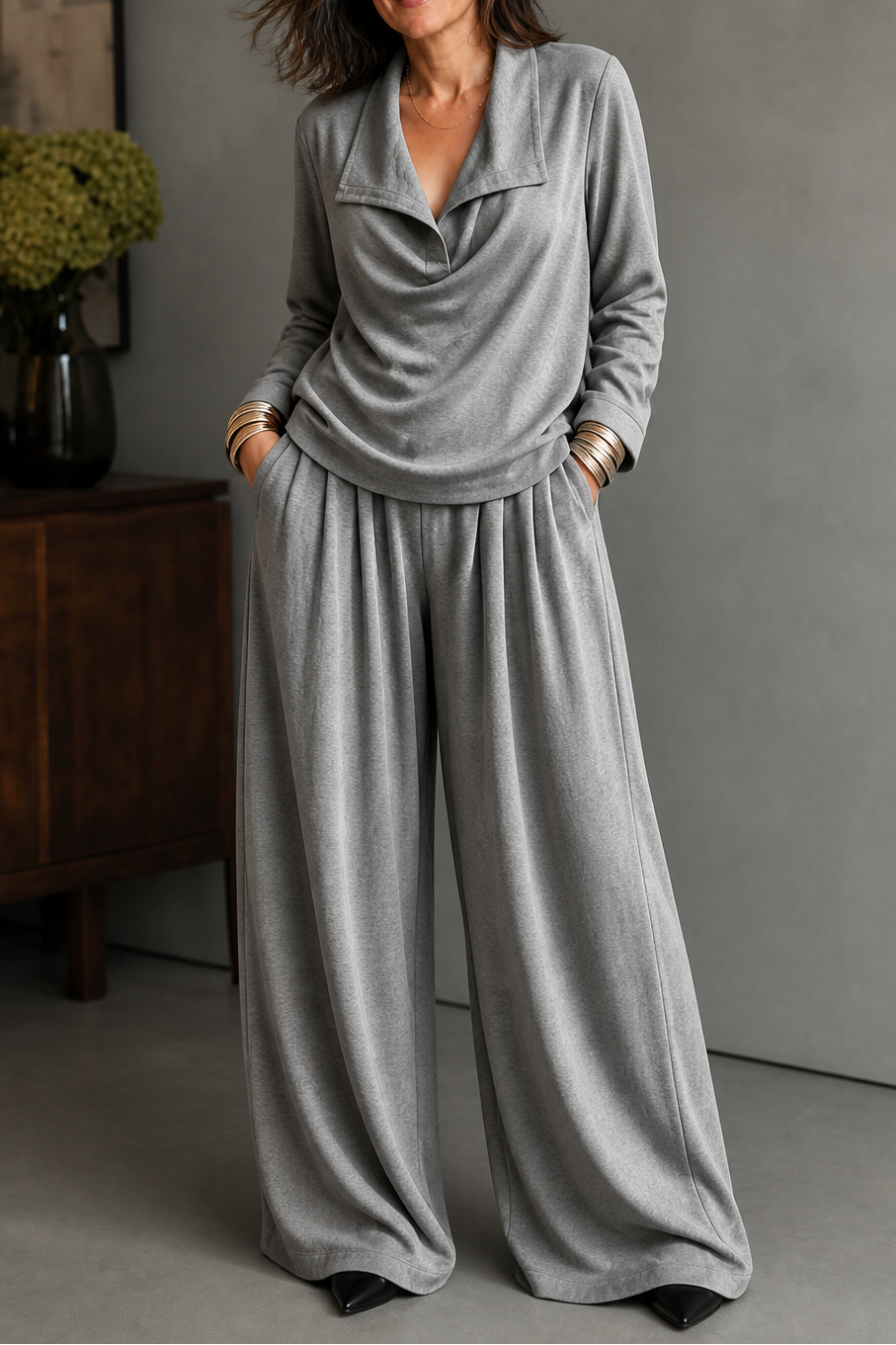 Winslet draped neck top and wide leg pants set – image 4