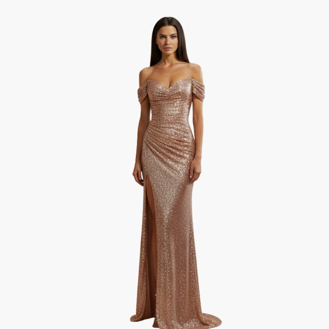 Freya off shoulder sequin gown with high slit – image 9