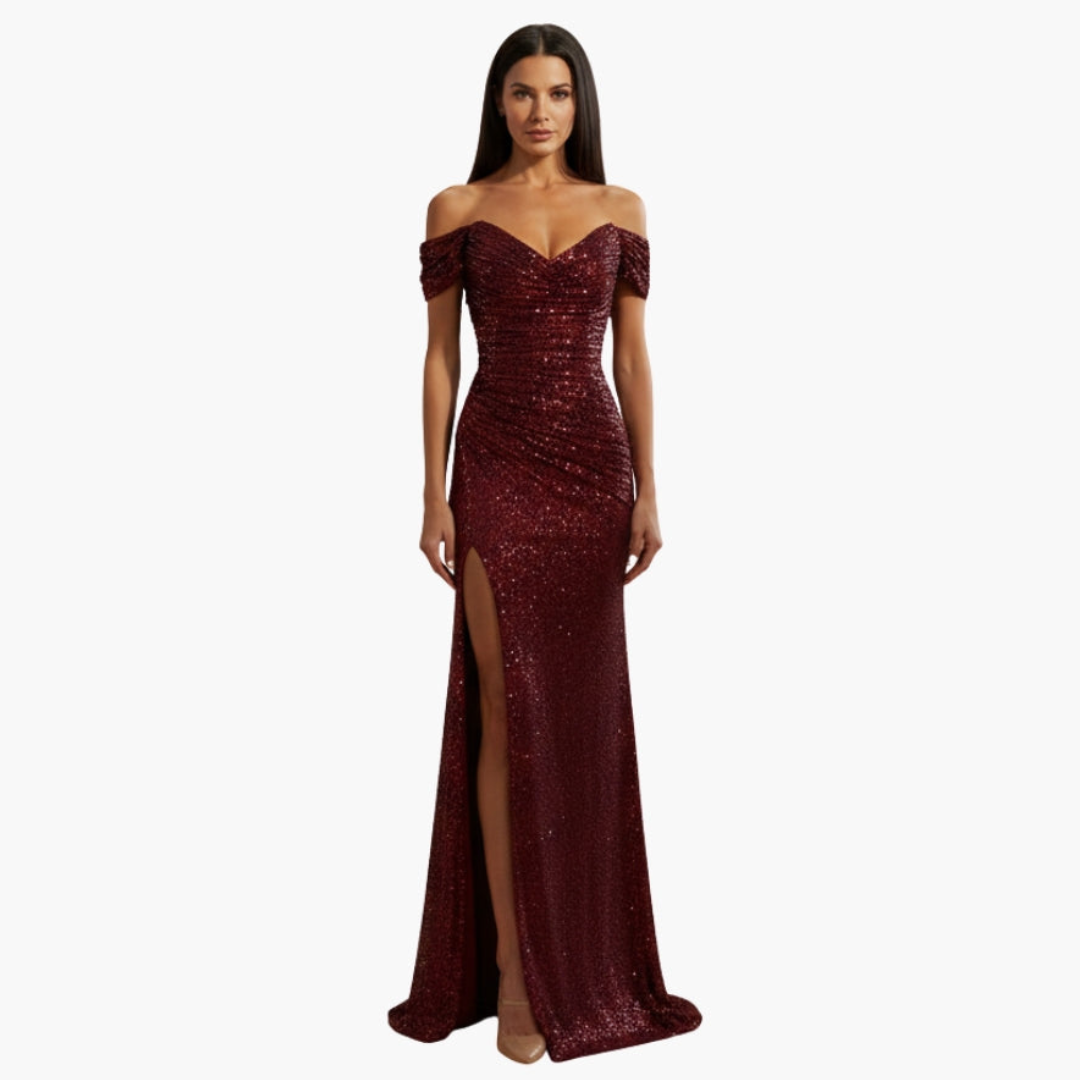 Freya off shoulder sequin gown with high slit