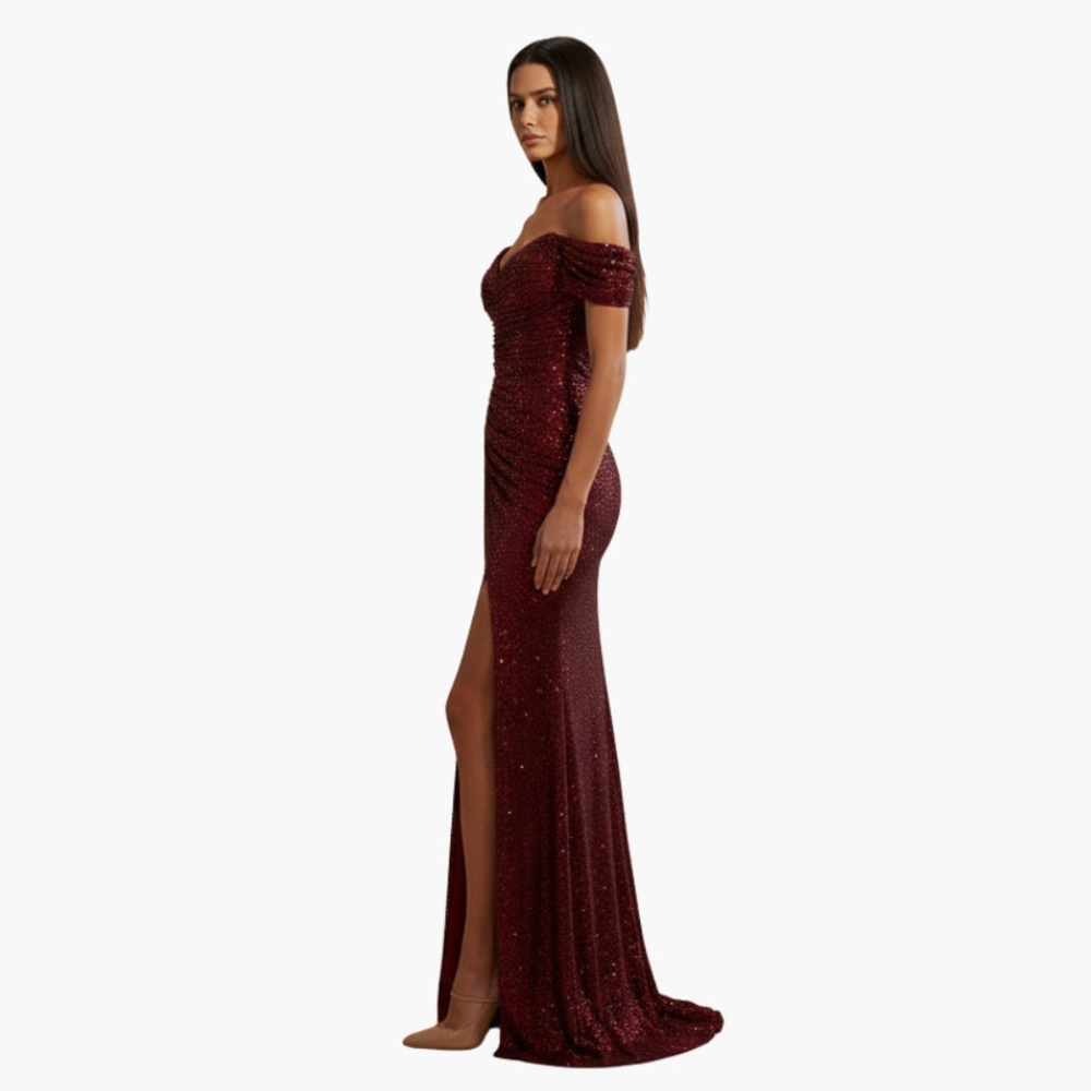 Freya off shoulder sequin gown with high slit – image 2