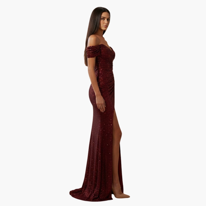 Freya off shoulder sequin gown with high slit – image 4
