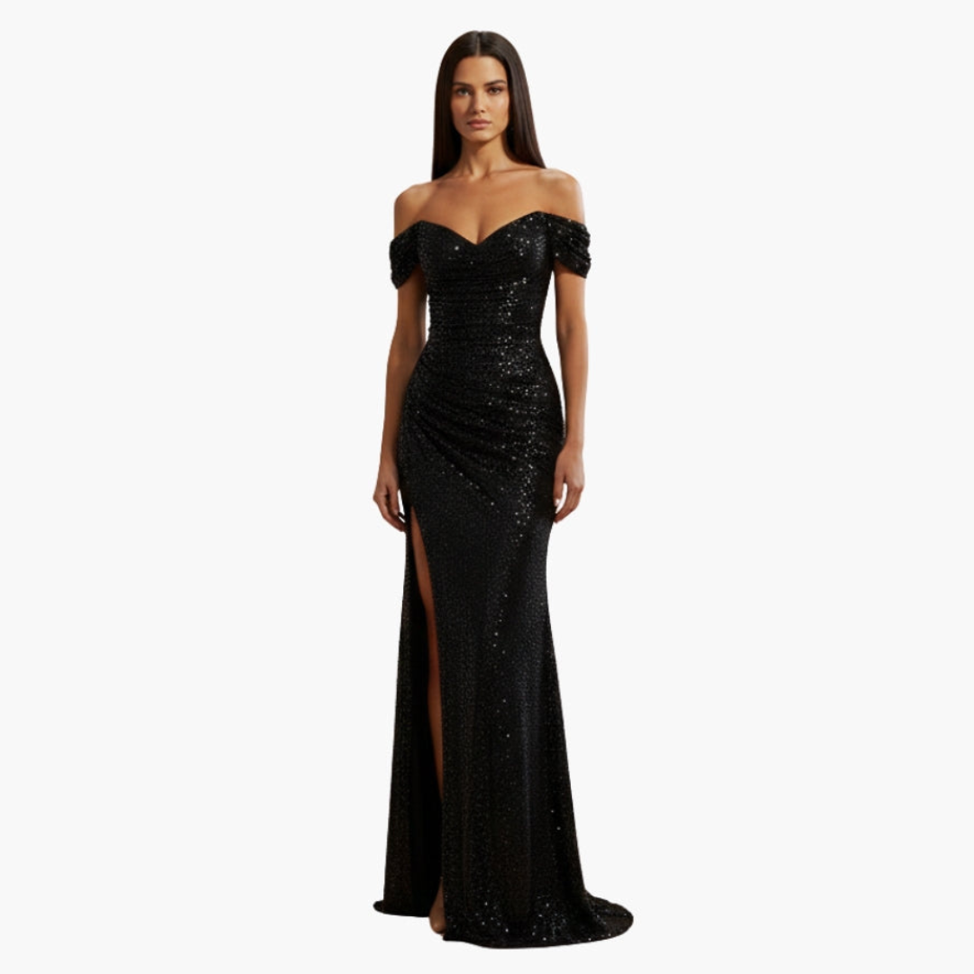 Freya off shoulder sequin gown with high slit – image 5