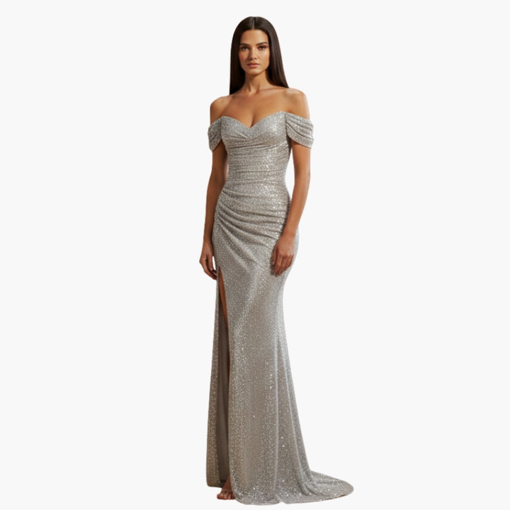 Freya off shoulder sequin gown with high slit – image 7