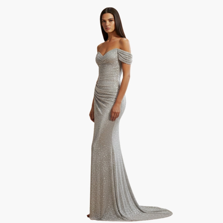 Freya off shoulder sequin gown with high slit – image 8