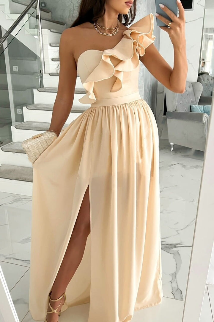 Makayla one shoulder ruffle maxi dress with slit – image 2