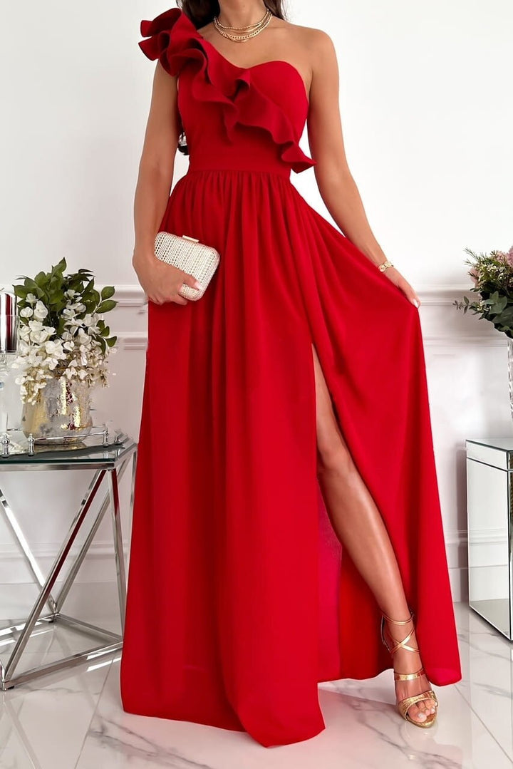 Makayla one shoulder ruffle maxi dress with slit