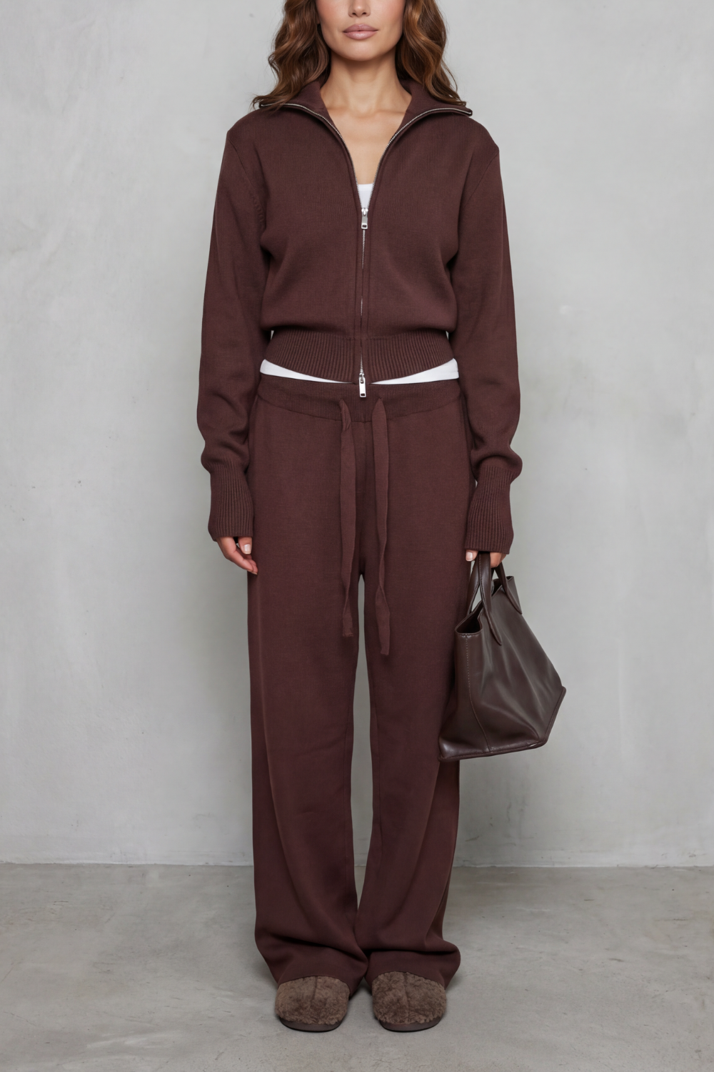 Sile knit zip cardigan and wide leg pants set