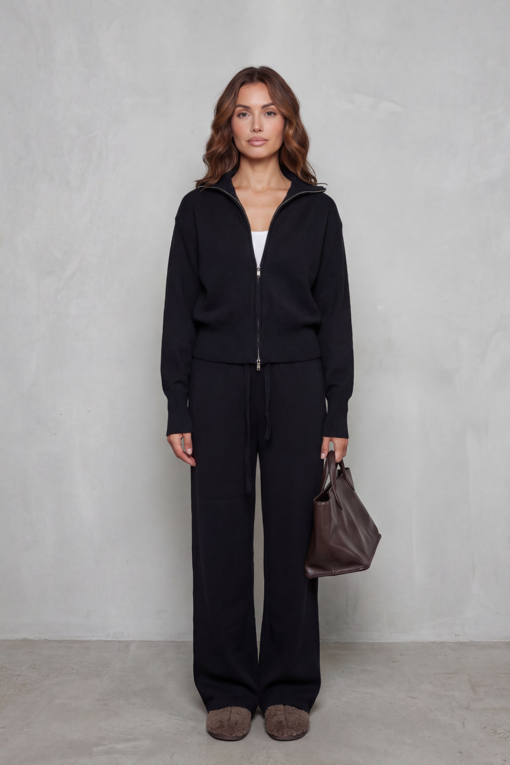 Sile knit zip cardigan and wide leg pants set – image 10