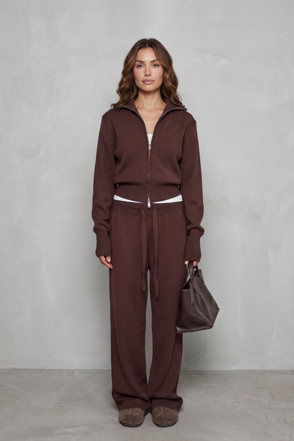 Sile knit zip cardigan and wide leg pants set – image 2