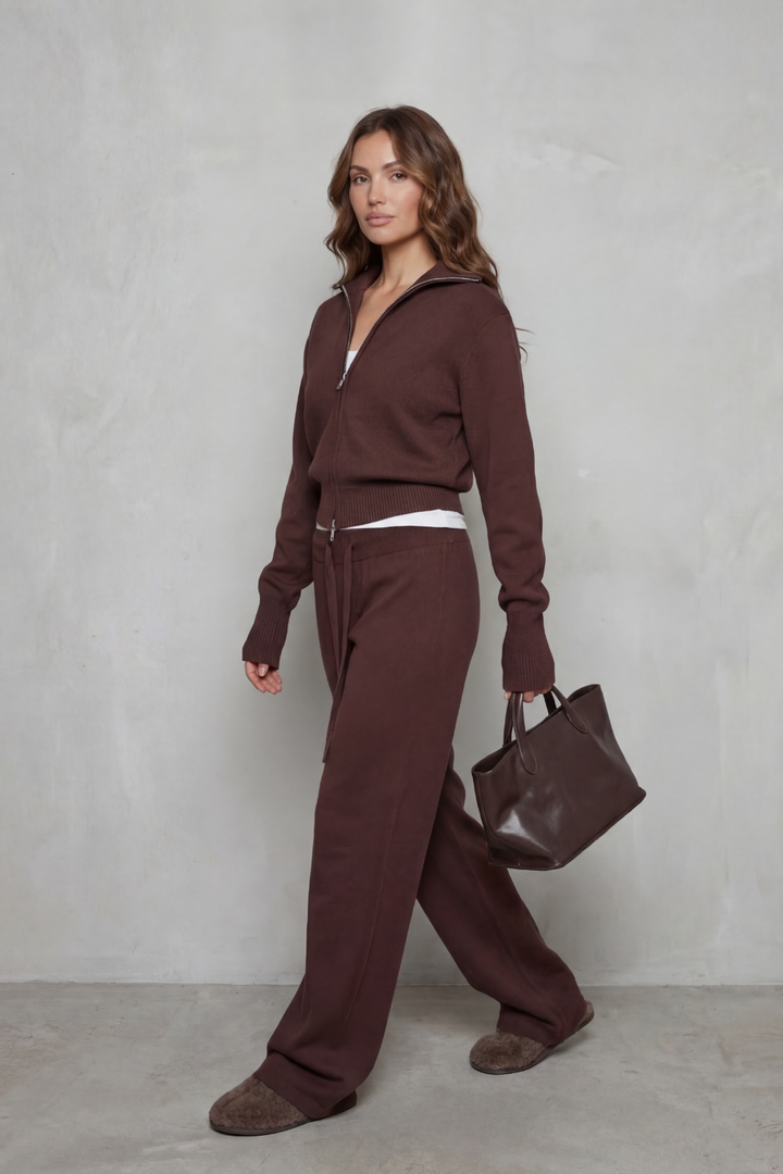 Sile knit zip cardigan and wide leg pants set – image 3