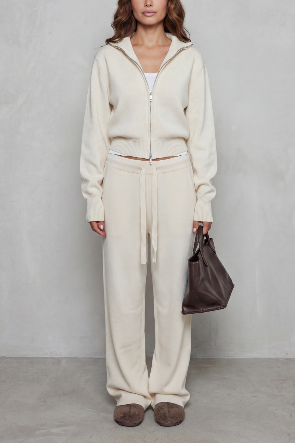 Sile knit zip cardigan and wide leg pants set – image 5