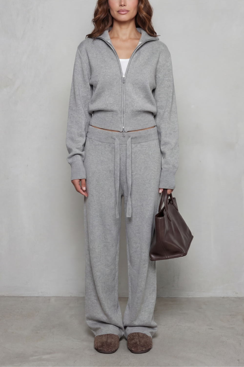 Sile knit zip cardigan and wide leg pants set – image 7