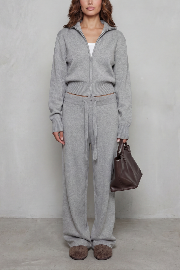 Sile knit zip cardigan and wide leg pants set – image 7