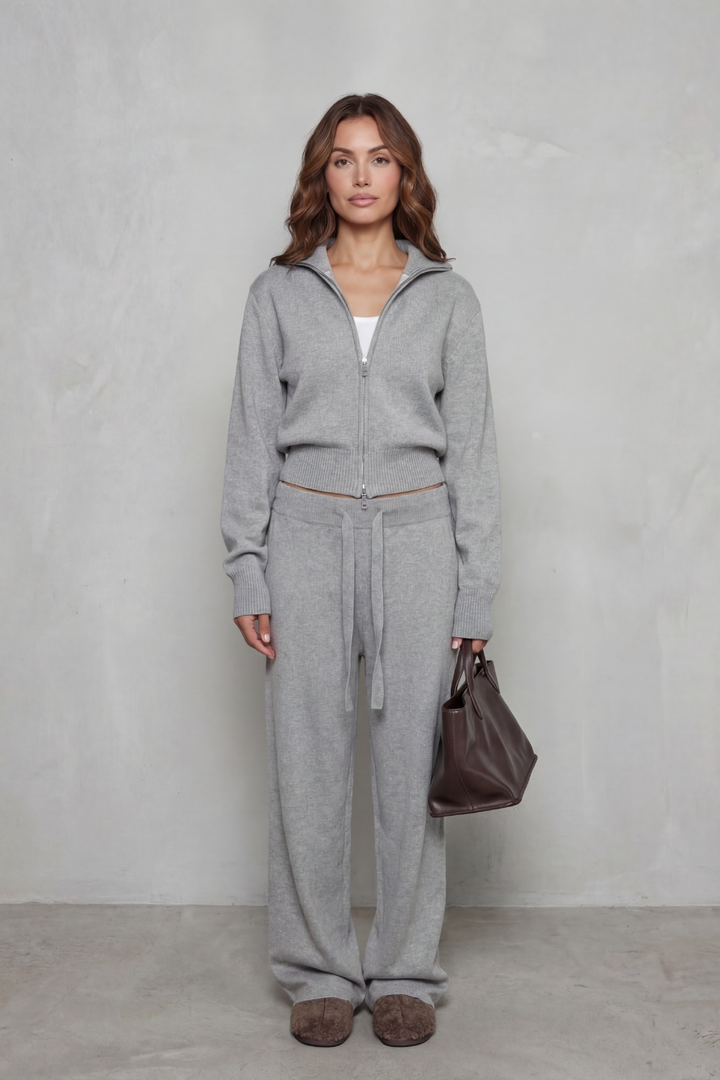 Sile knit zip cardigan and wide leg pants set – image 8
