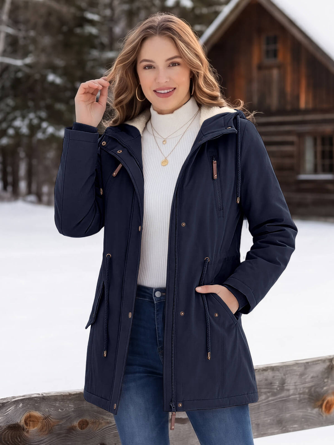Elora sherpa lined hooded parka with drawstring waist
