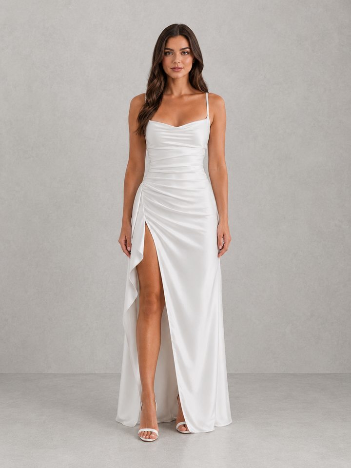 Amara ruched satin wedding guest dress