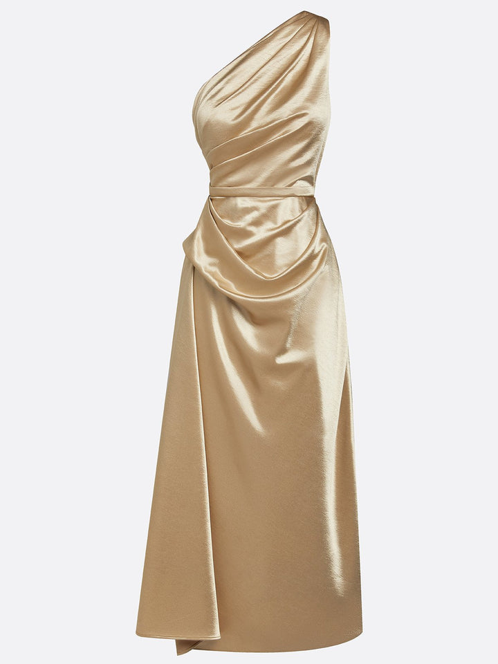 Allegra satin one shoulder ruched midi dress – image 8