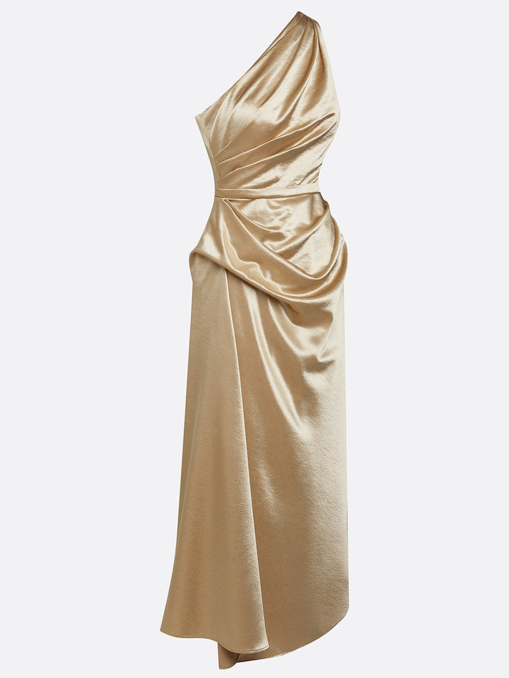 Allegra satin one shoulder ruched midi dress – image 9