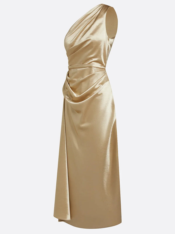 Allegra satin one shoulder ruched midi dress – image 10