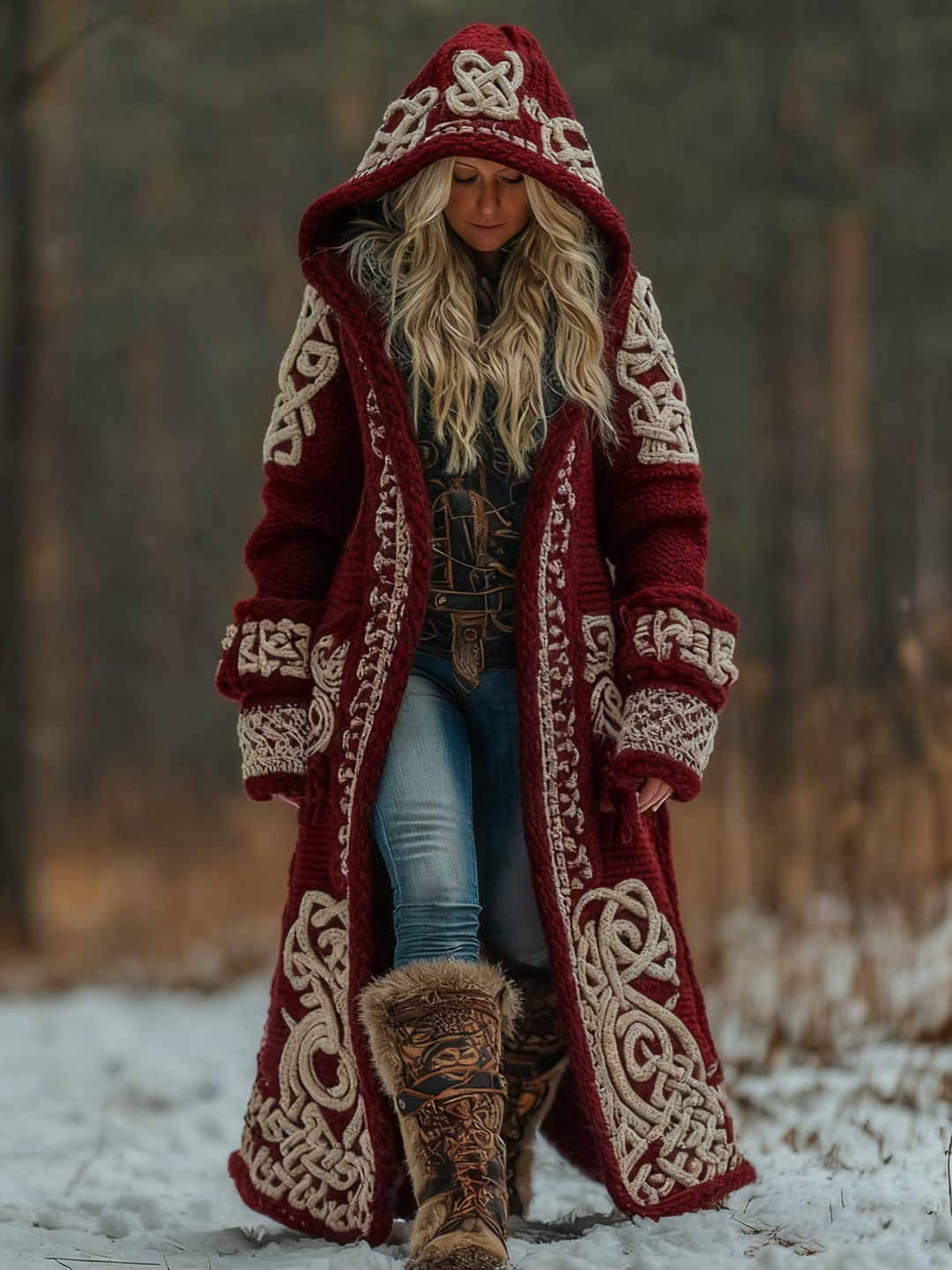 Ivy hooded long knit coat with Celtic pattern – image 3