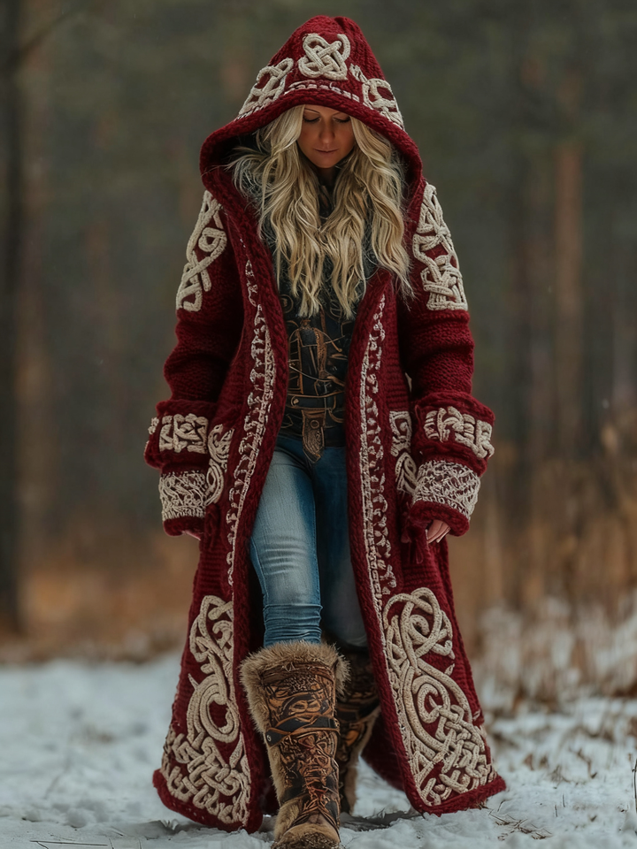 Ivy hooded long knit coat with Celtic pattern – image 3