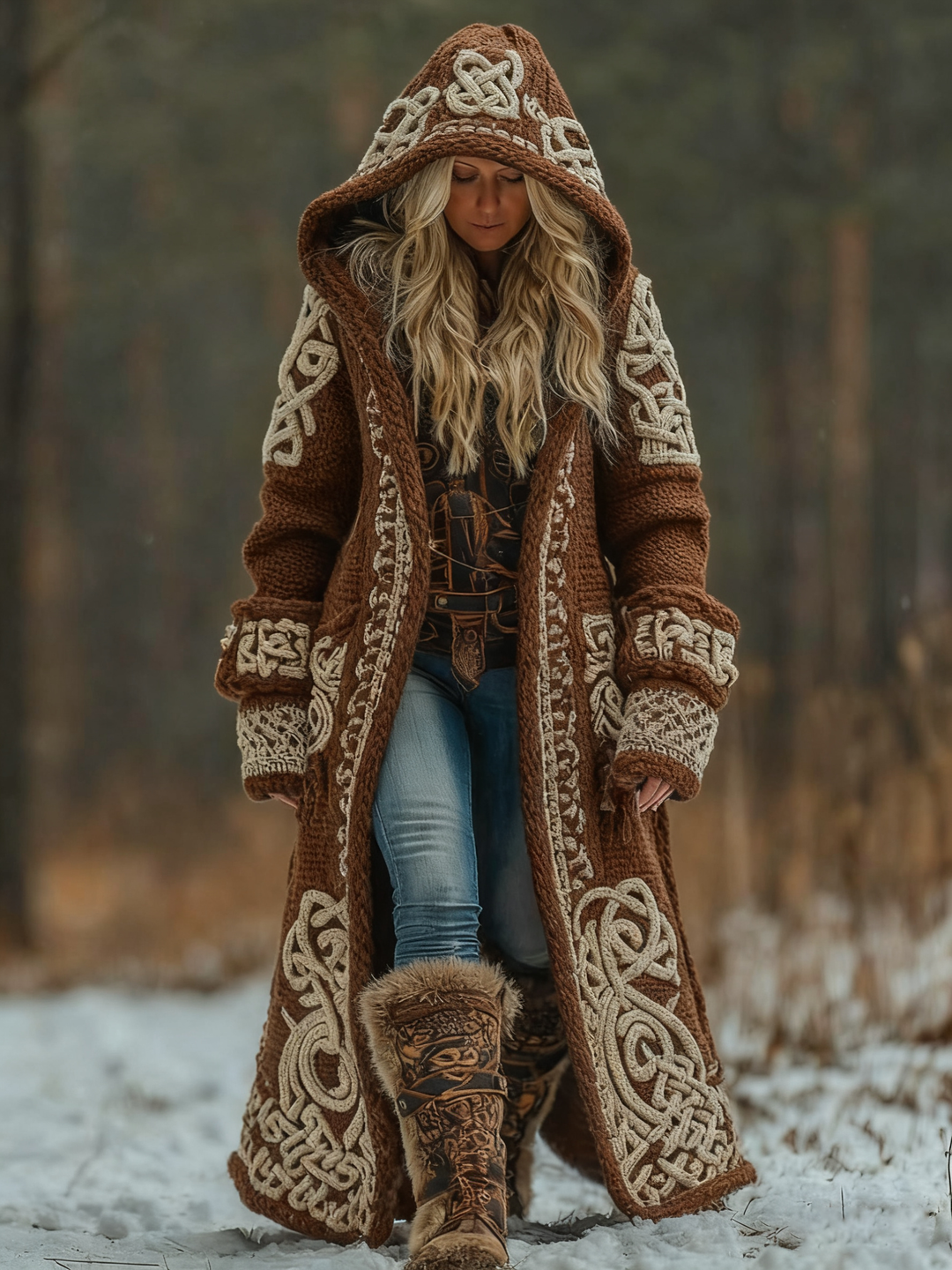Ivy hooded long knit coat with Celtic pattern – image 2