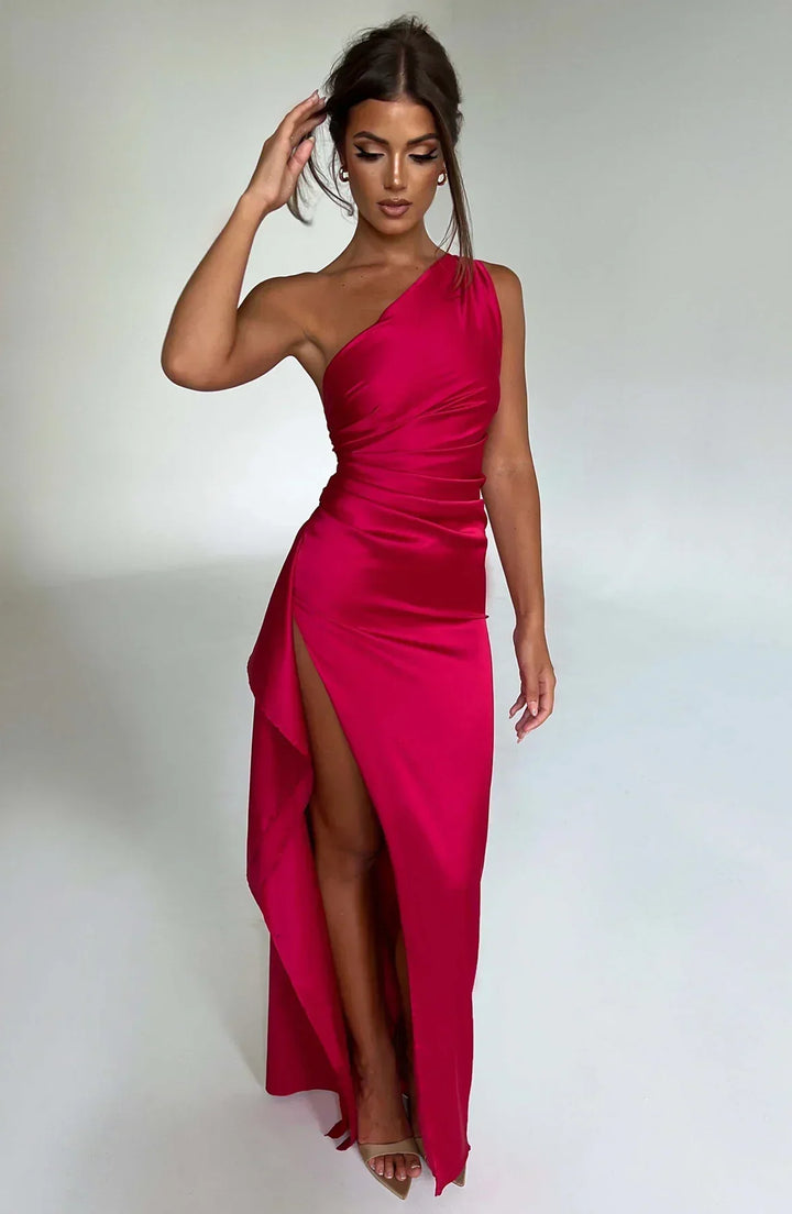 Eden one shoulder satin maxi dress with slit – image 2