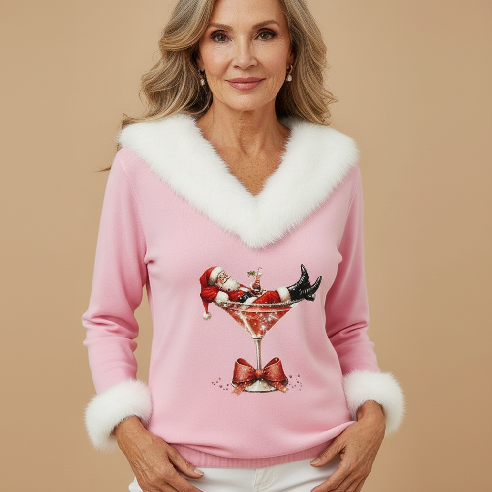 Tinsley faux fur trim V neck Christmas sweater – image 2