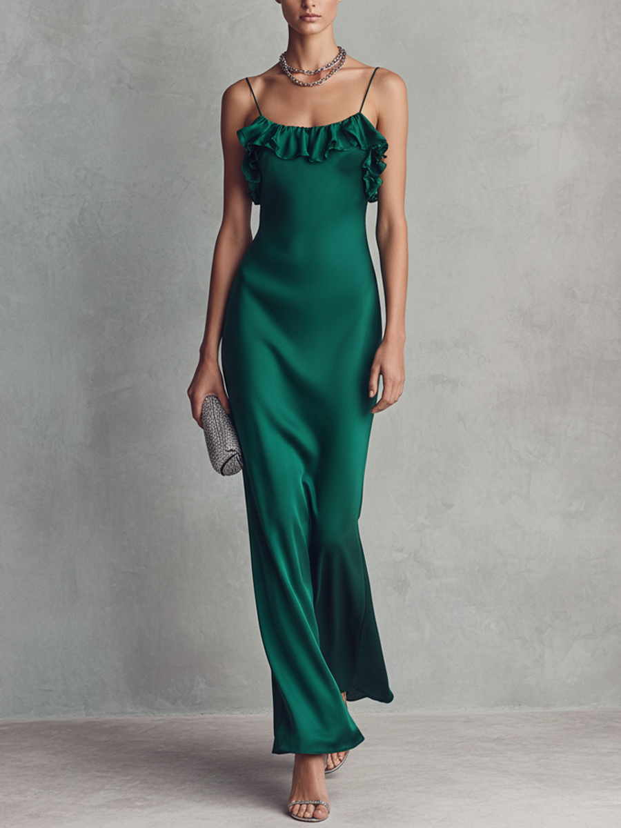 Isabella emerald green satin maxi dress