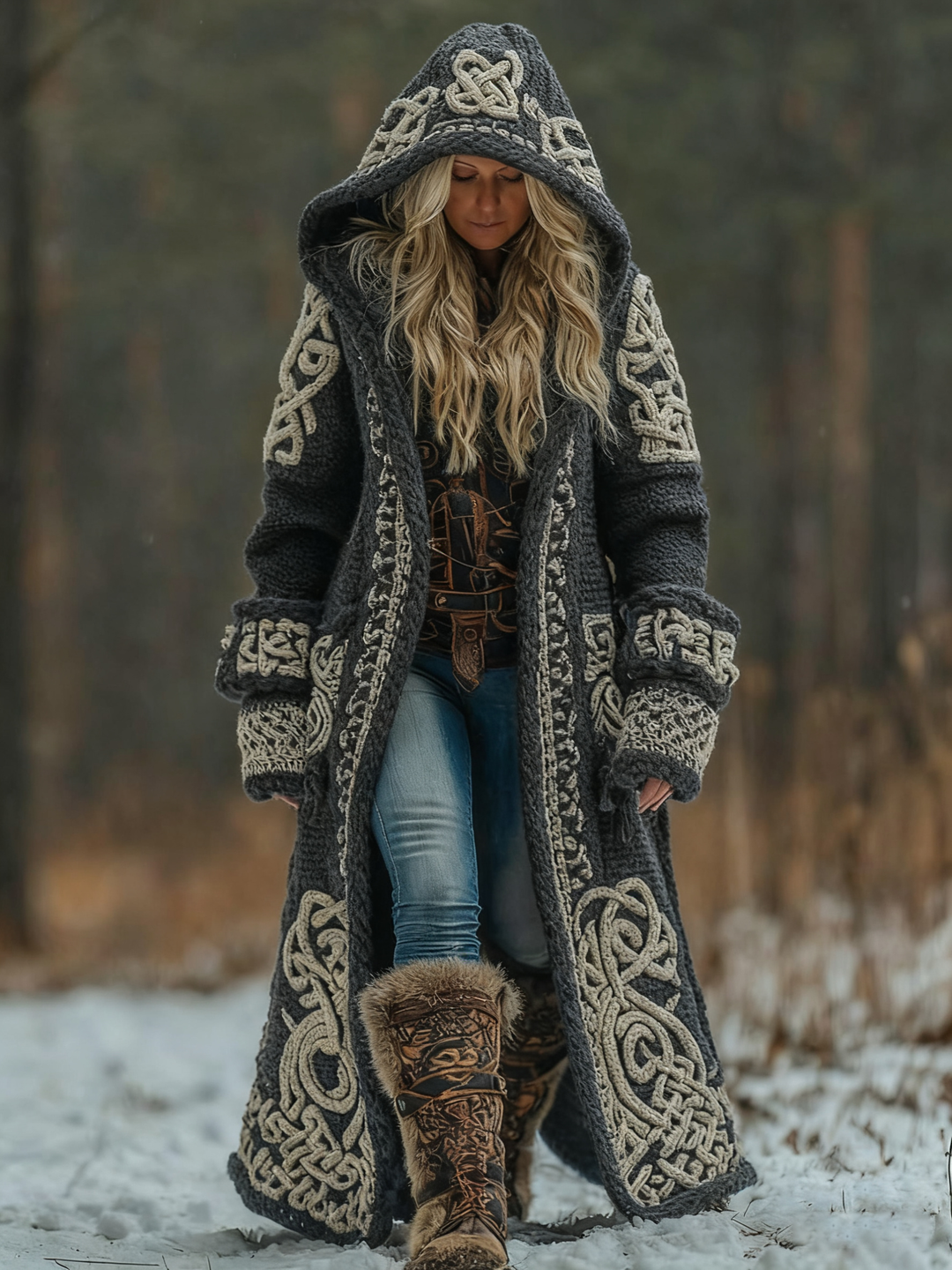 Ivy hooded long knit coat with Celtic pattern