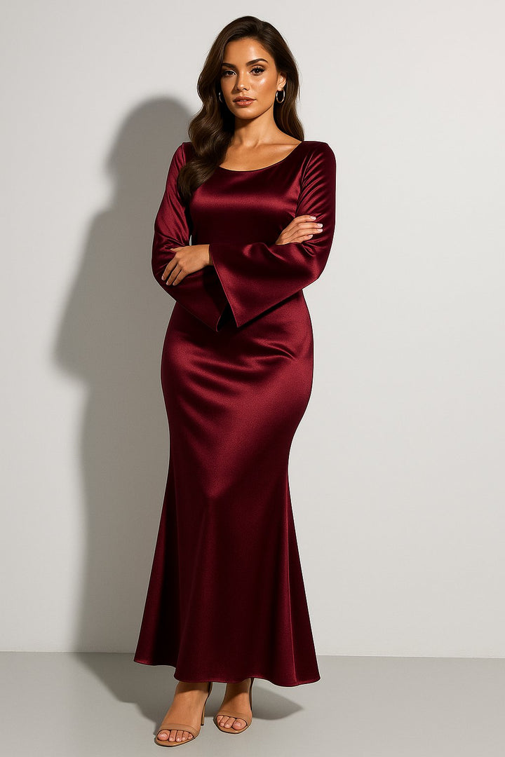 Ilse satin long sleeve maxi dress with fishtail hem