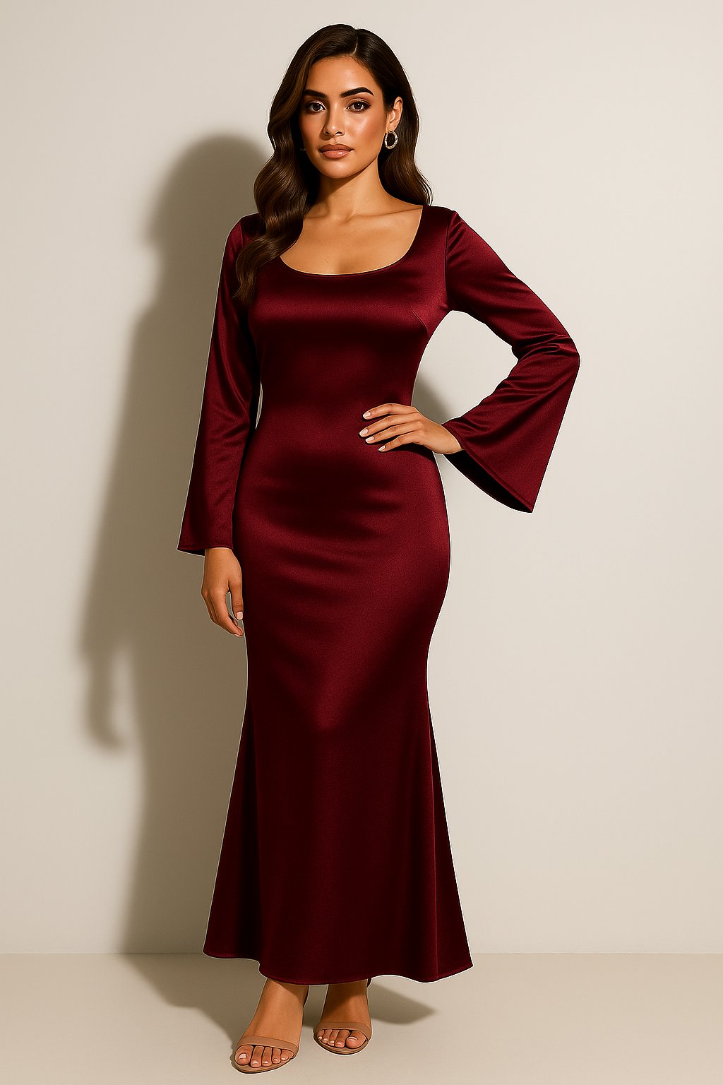 Ilse satin long sleeve maxi dress with fishtail hem – image 2