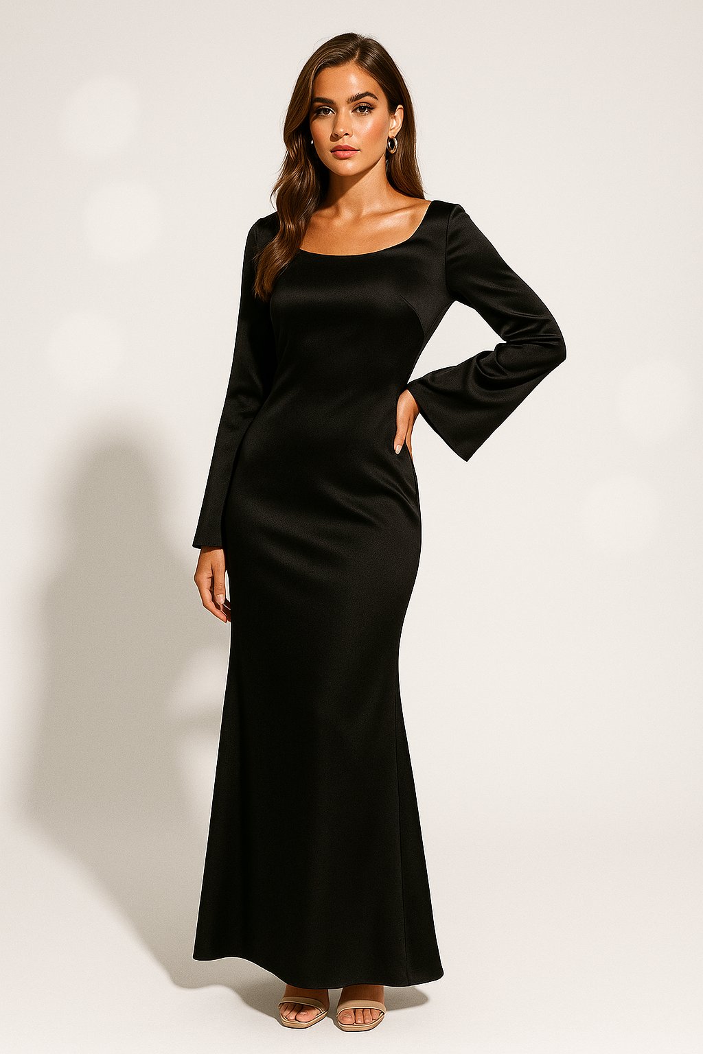 Ilse satin long sleeve maxi dress with fishtail hem – image 3