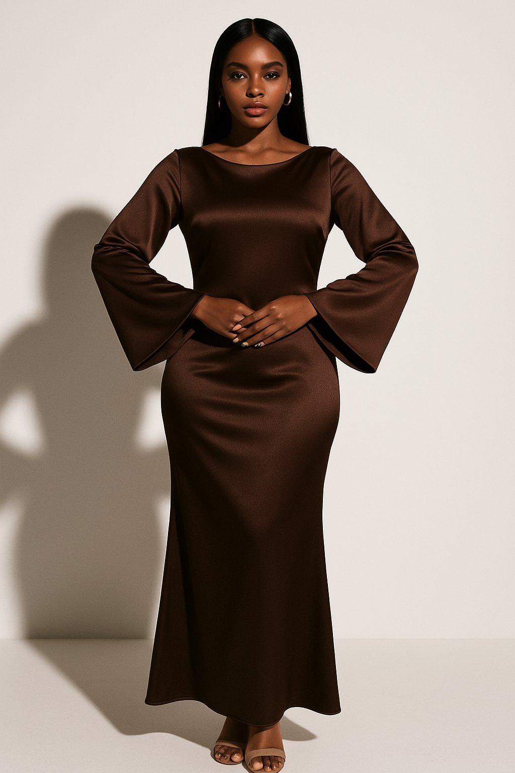 Ilse satin long sleeve maxi dress with fishtail hem – image 7