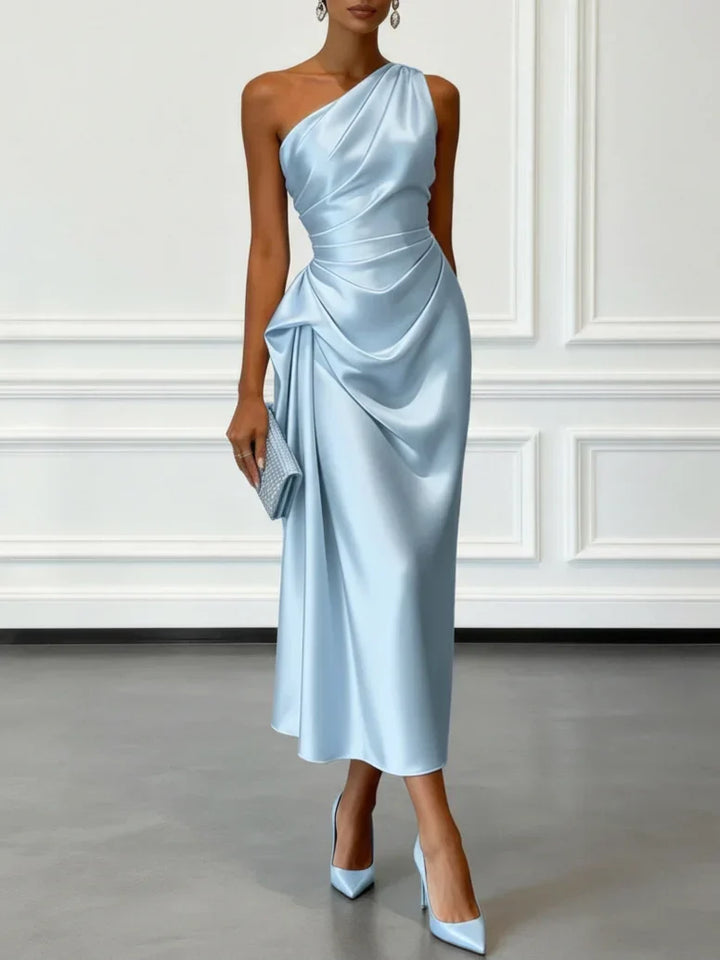 Allegra satin one shoulder ruched midi dress – image 3