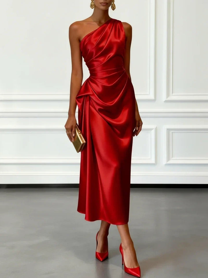 Allegra satin one shoulder ruched midi dress – image 6