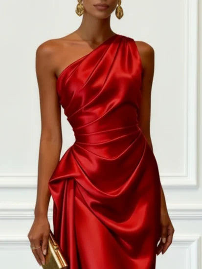 Allegra satin one shoulder ruched midi dress – image 14