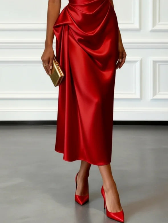 Allegra satin one shoulder ruched midi dress – image 15