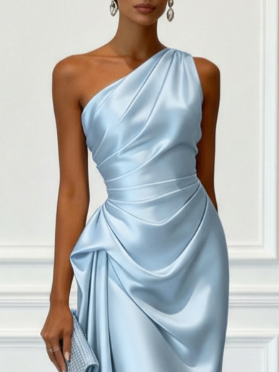 Allegra satin one shoulder ruched midi dress – image 12