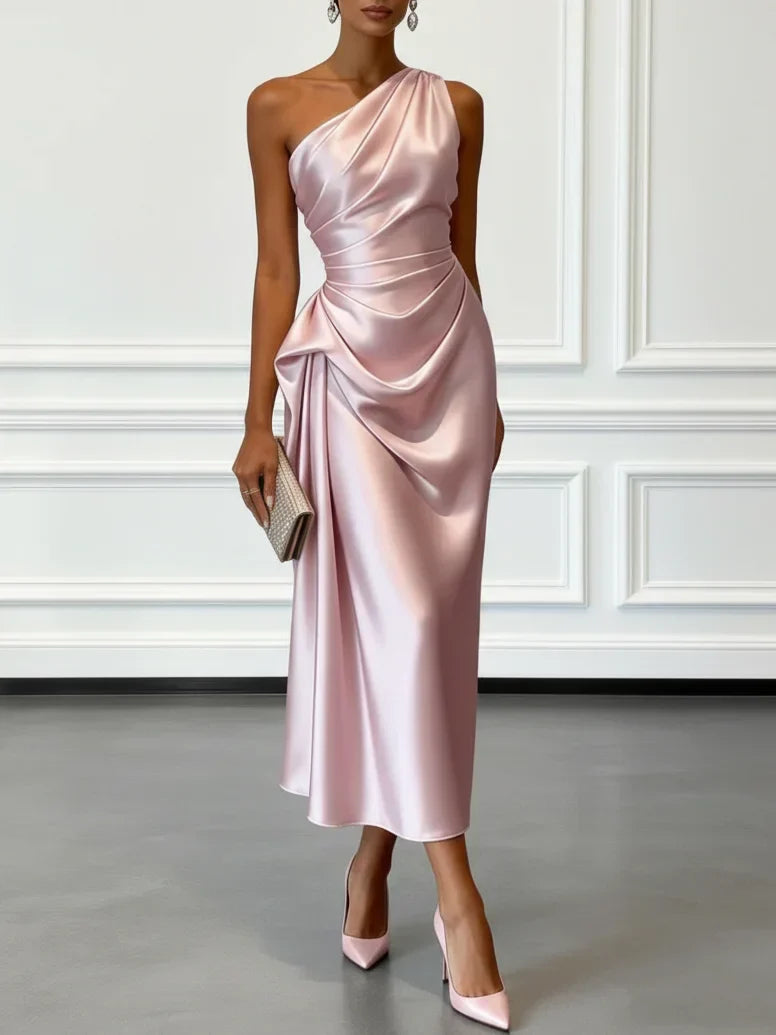 Allegra satin one shoulder ruched midi dress – image 4